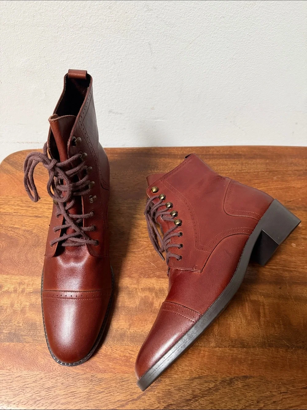 Women's Leather Lace-Up Cap-Toe Boots in Chestnut Brown